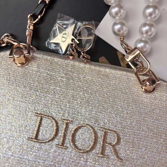 Dior Beauty Cosmetic Bag Toiletry Pouch Tan Gold *** The custom added chains - Picture 2 of 4